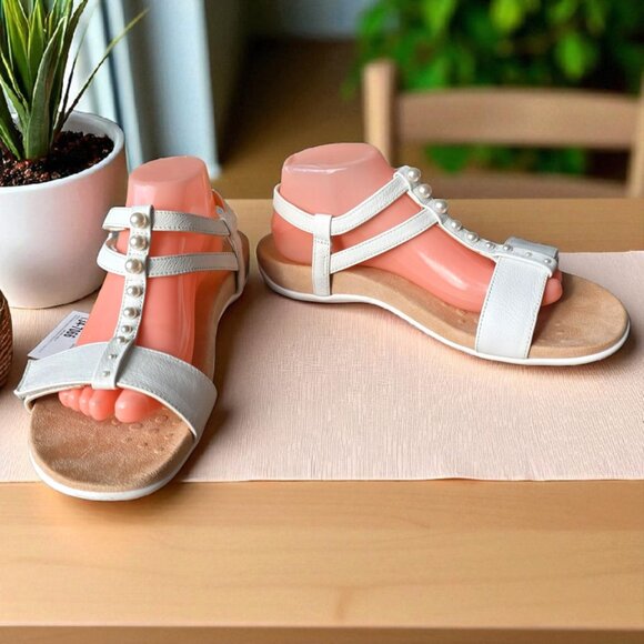 VIONIC ( 10 ) MIKAH White Leather Backstrap Sandal Pearl Detail 3-Zone Comfort - Picture 4 of 15